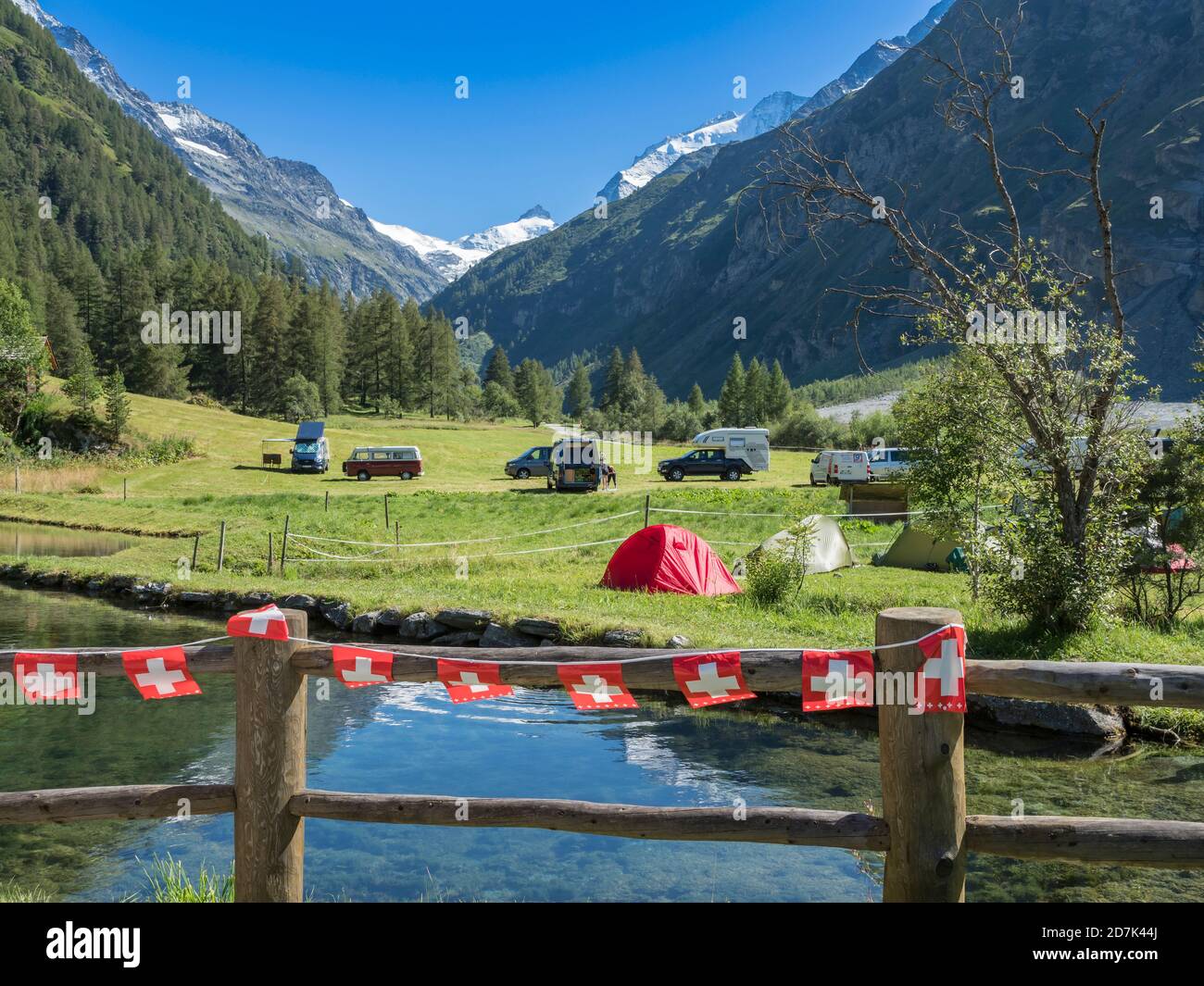 Tents and camper vans on a small campsite, village Zinal, mountain range in  the back, Val d'Anniviers, Switzerland Stock Photo - Alamy
