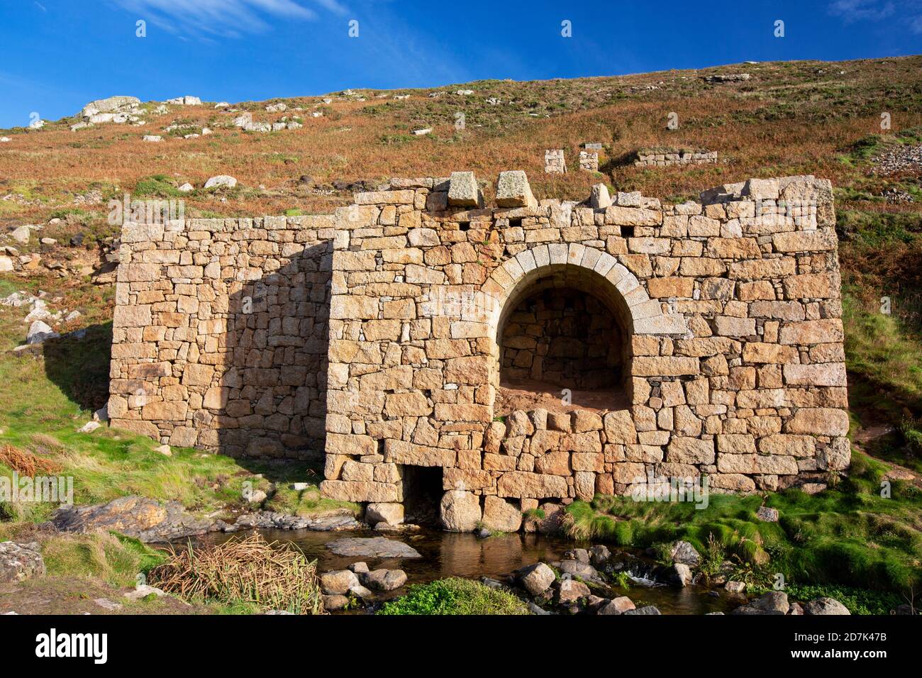 Old tin mines in the Kenidjack Valley, St Just, Cornwall, UK Stock