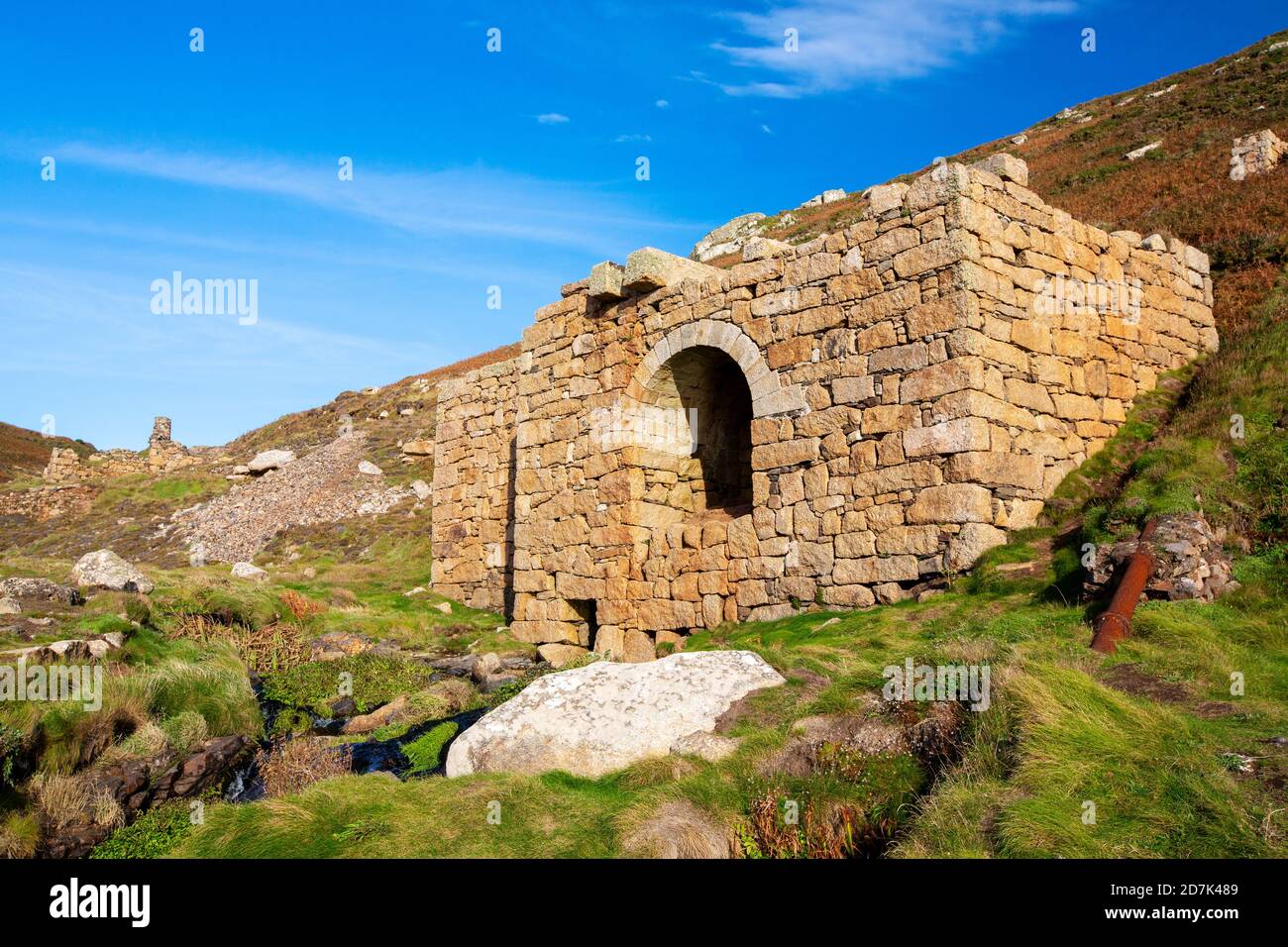 Old tin mines in the Kenidjack Valley, St Just, Cornwall, UK Stock