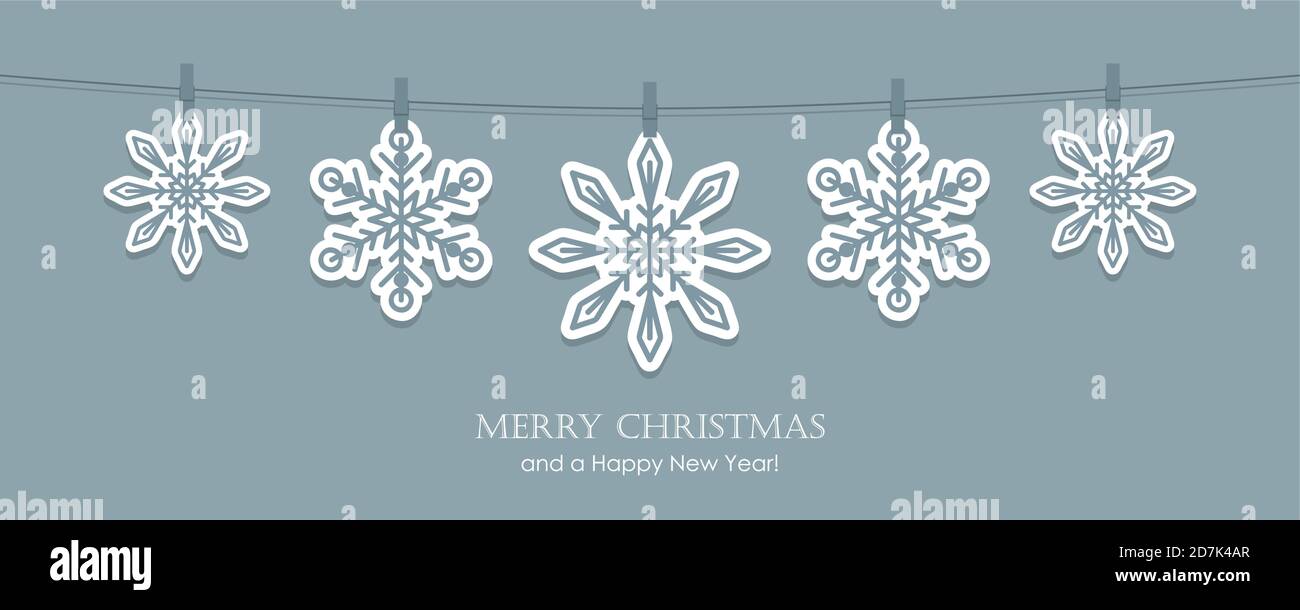 grey christmas card with hanging snowflakes vector illustration EPS10 Stock Vector