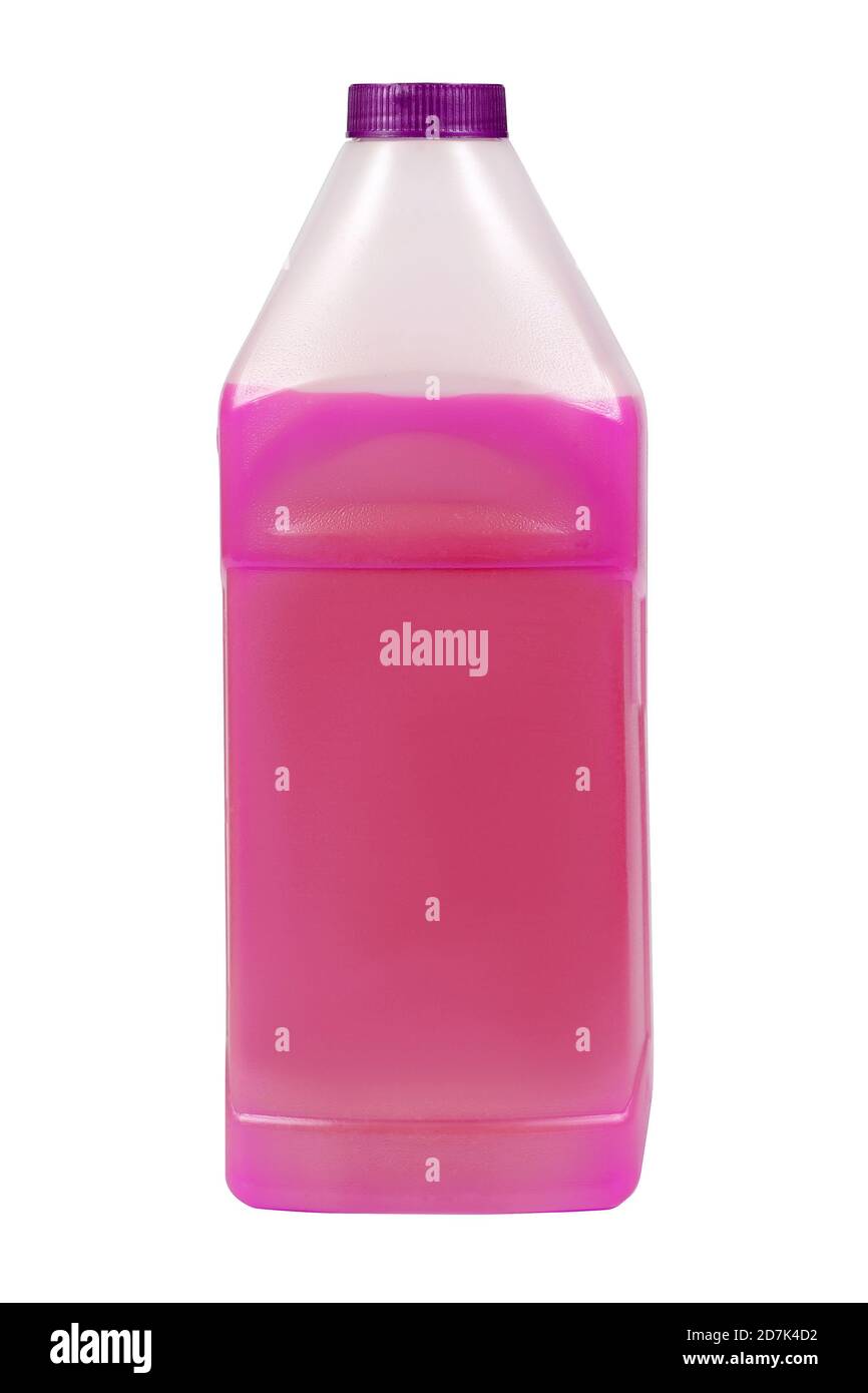 Violet antifreeze in a 1-liter canister. Non-freezing cleaning liquid. There are places for a label. Frontal view. Stock Photo