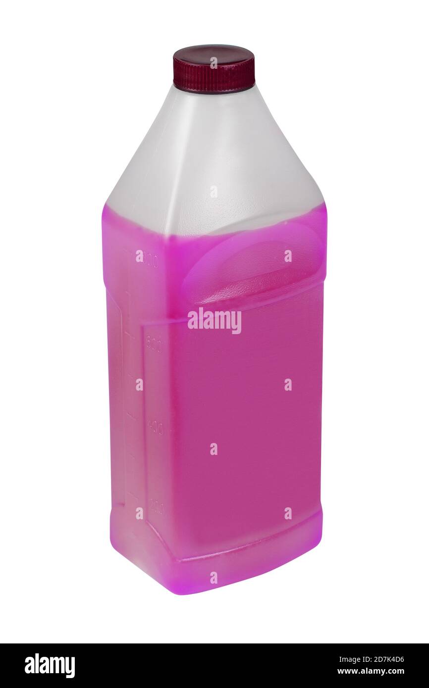 Violet antifreeze in a 1-liter canister. Non-freezing cleaning liquid. There are places for a label. Side view. Stock Photo