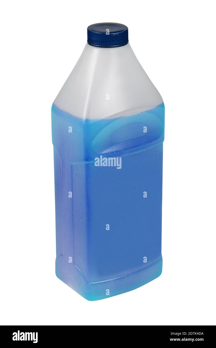 Red antifreeze in a 1-liter canister. Non-freezing cleaning liquid. There are places for a label. Side view. Stock Photo