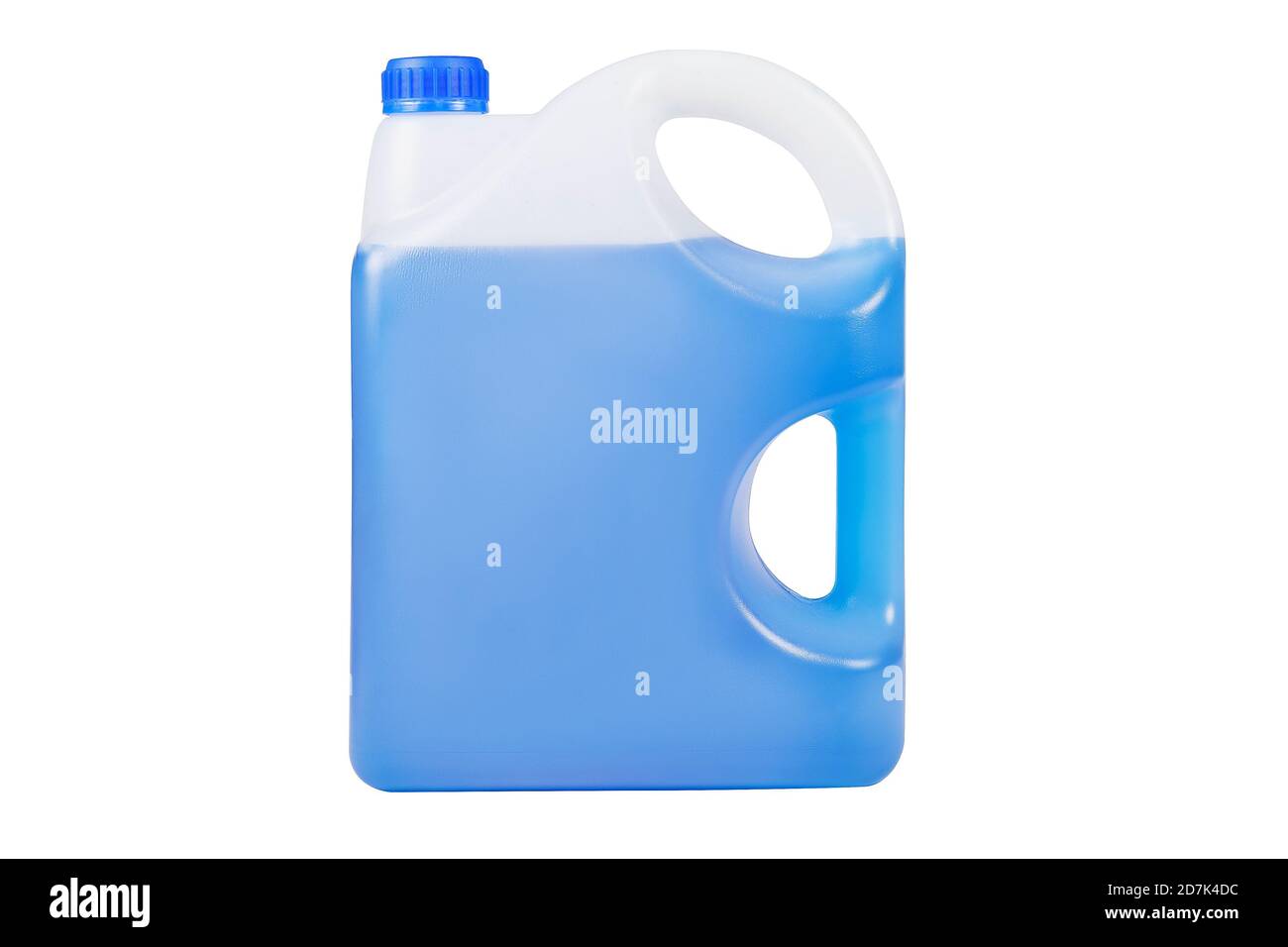 Blue antifreeze in a 5-liter canister. Non-freezing cleaning liquid. There are places for a label. Frontal view. Stock Photo