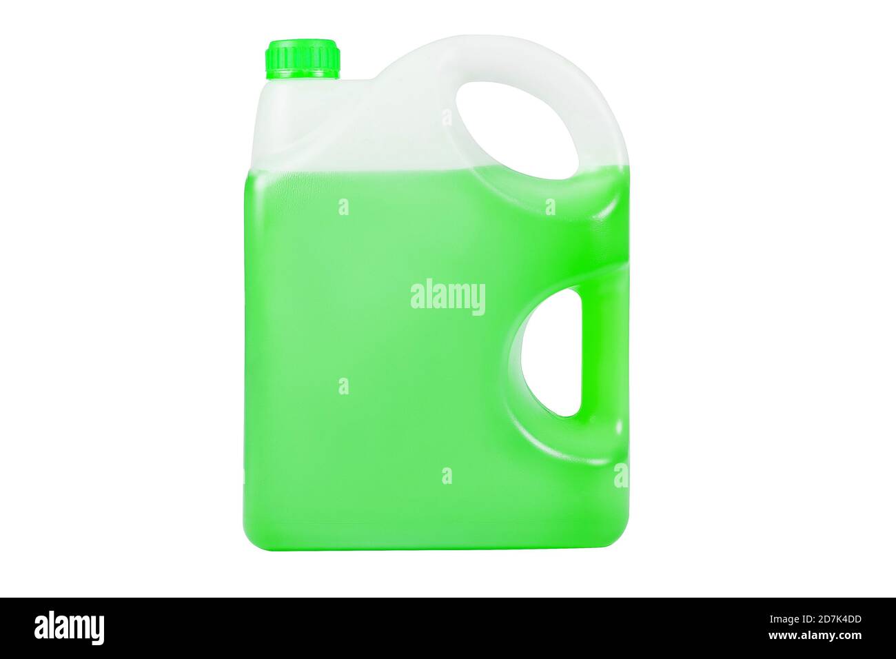 Green antifreeze in a 5-liter can Non-freezing cleaning liquid. There are places for a label. Frontal view. Stock Photo