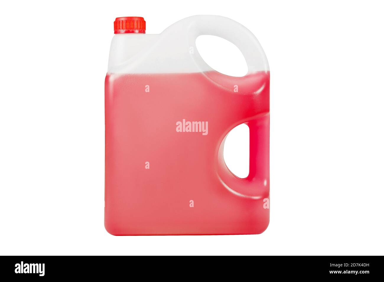 Red antifreeze in a 5-liter bottle Non-freezing cleaning liquid. There are places for a label. Frontal view. Stock Photo