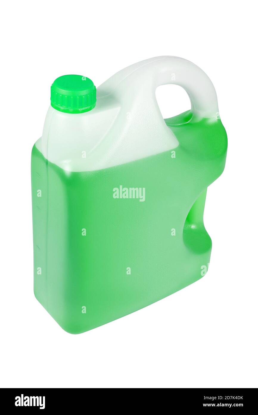 Greenantifreeze in a 5-liter can. Non-freezing cleaning liquid. There are places for a label. Side view. Stock Photo