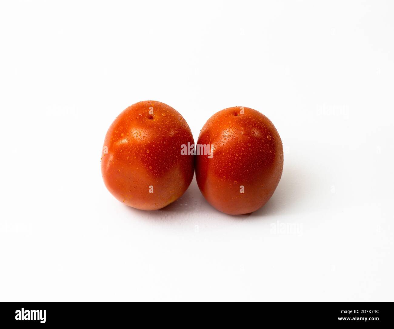 Two tomatos on white background with water drops Stock Photo