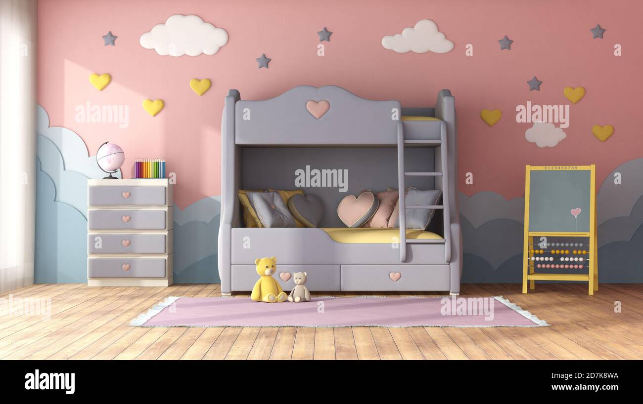 Pastel color children room with bunk bed,decor objects on blue wall ,chest of drawer and blackboard - 3d rendering Stock Photo