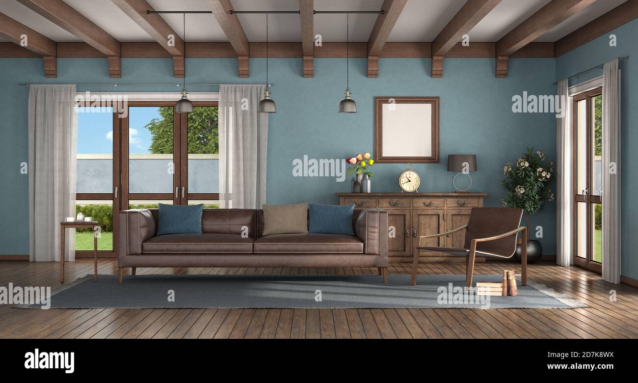 Classic style living room with modern armchair, leather sofa and old ...
