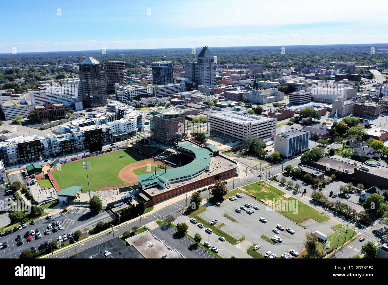 Breathtaking aerial view of downtown Greensboro on a sunny clear day ...