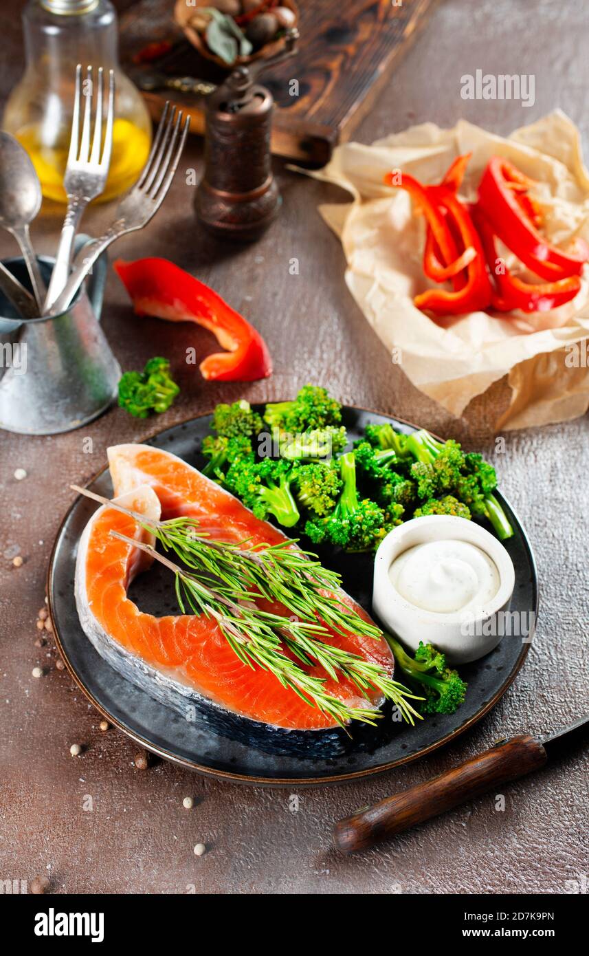 raw salmon fish, diet food, salmon with vegetables Stock Photo Alamy