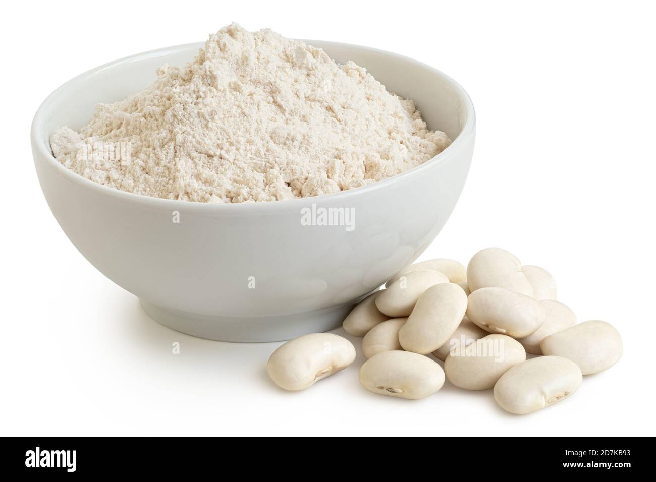 White bean gluten free flour in a white ceramic bowl next to a pile of
