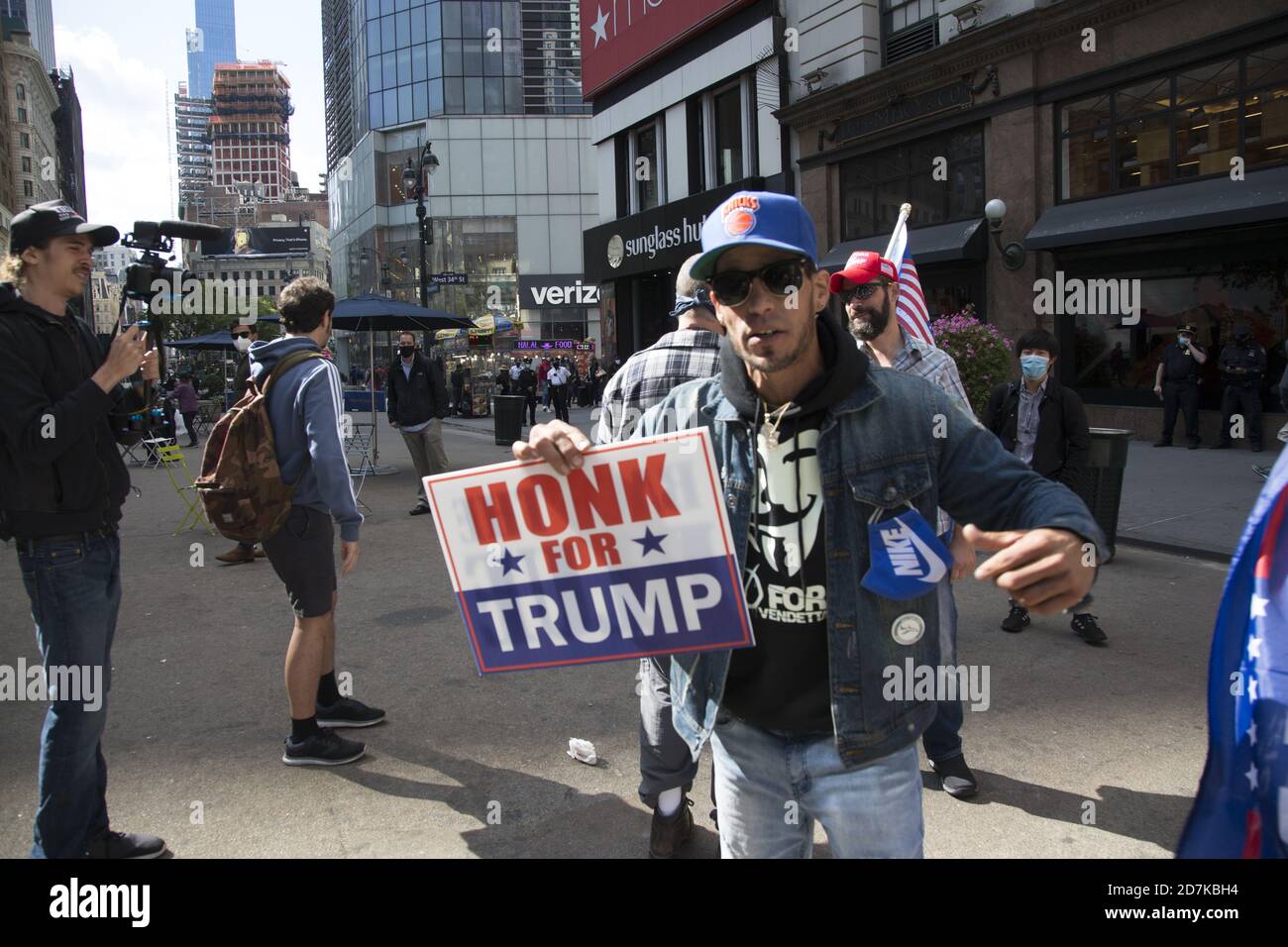 Pro Trump supporters rally on Broadway by Macy's Department Store in New York City. Stock Photo