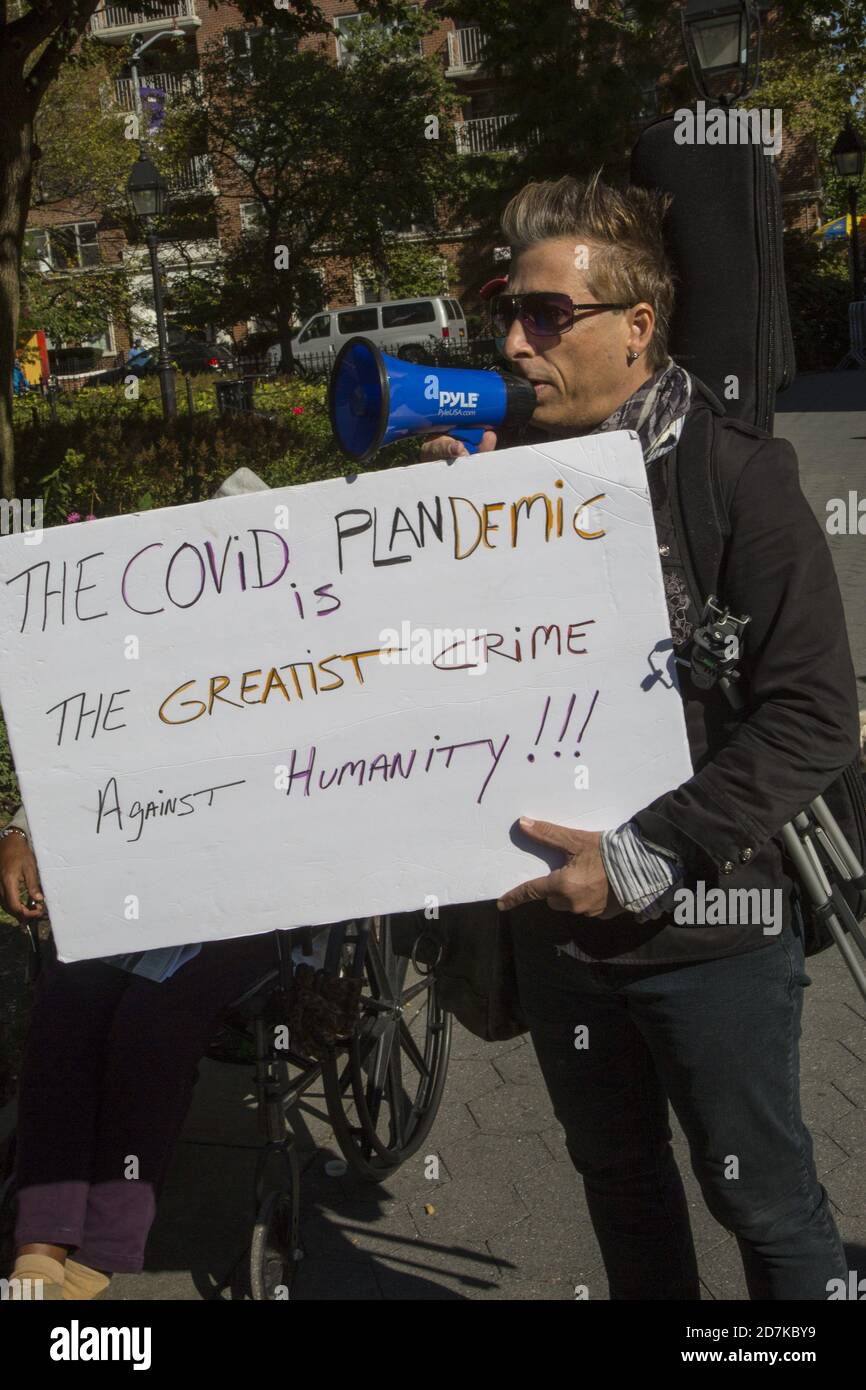 Pro-Life advocate and critic of Covid-19 pandemic shutdown of economy stands out at the Intrnational Women's March on October 17, 2020 speaking out for the rights of women as well as all forms of injustice around the world. (New York City) Stock Photo