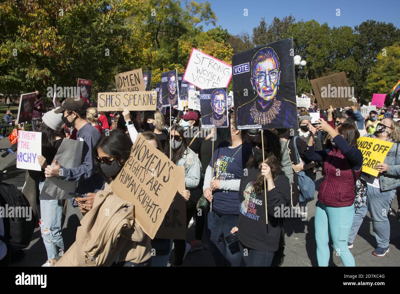 Men march with women in many cities around the world at an International Women's March on October 17, 2020 speaking out for the rights of women as well as all forms of injustice around the world. (New York City) Stock Photo