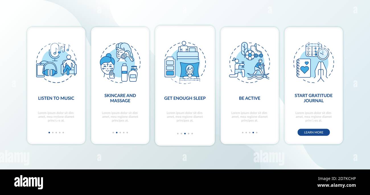 Self care practices onboarding mobile app page screen with concepts Stock Vector