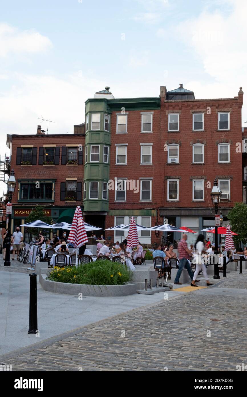 Tables et up outdoors at restaurant in the North End, Boston, MA, USA