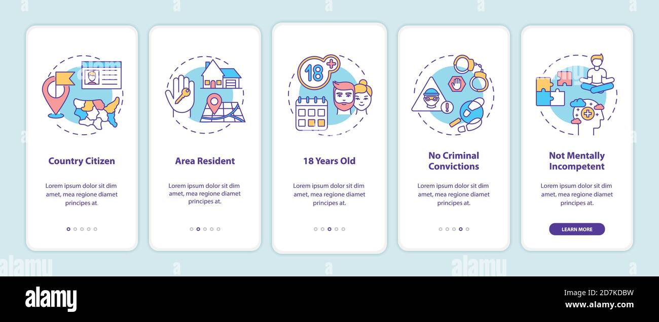 Online voting requirements onboarding mobile app page screen with concepts Stock Vector