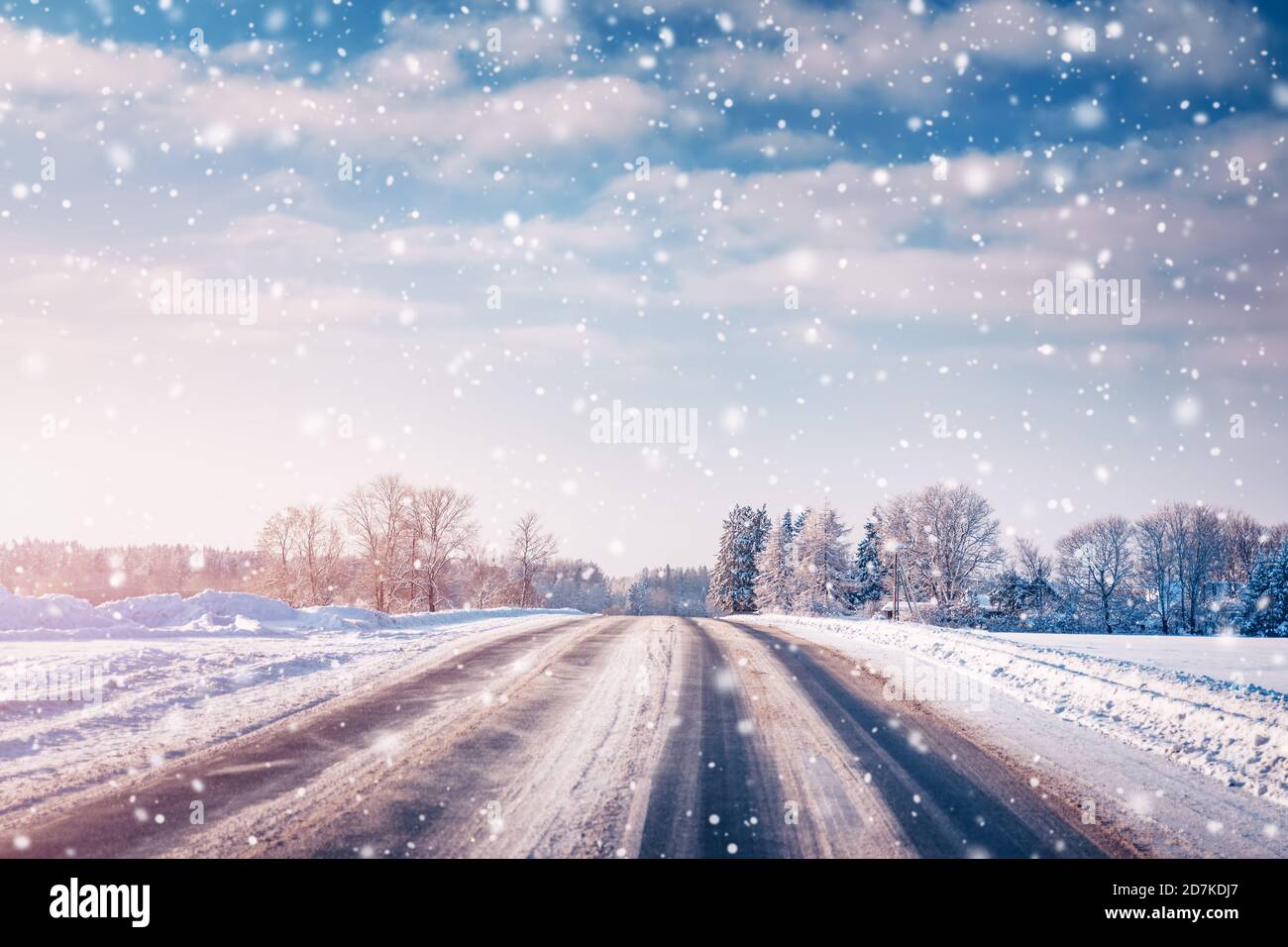 Winter road with snow with trees all around in snowfall Stock Photo - Alamy