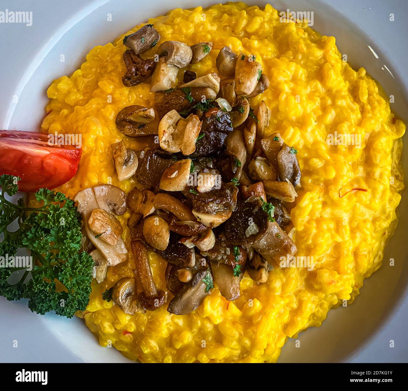 Porcini risotto with saffron in Mund, Naters, Switzerland. In the