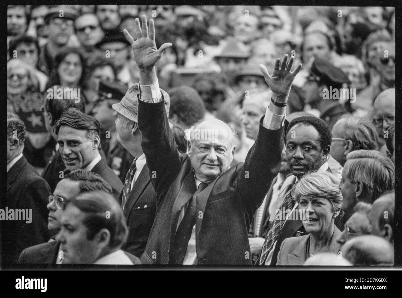 New York City Mayor Ed Koch raises his hands during a campaign event for Sen. Walter Mondale and Geraldine Ferraro in New York on October 15, 1984.  Photo by Francis Specker Stock Photo