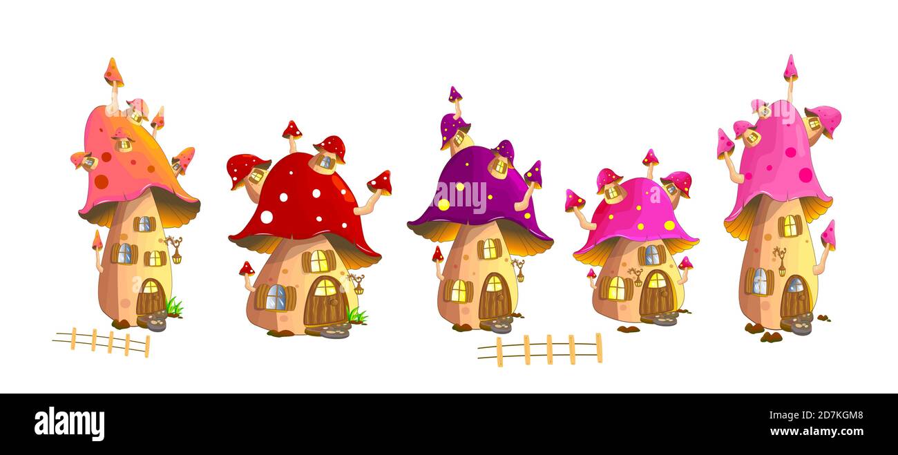 Set of fairy mushroom houses on a white background. Stock Vector