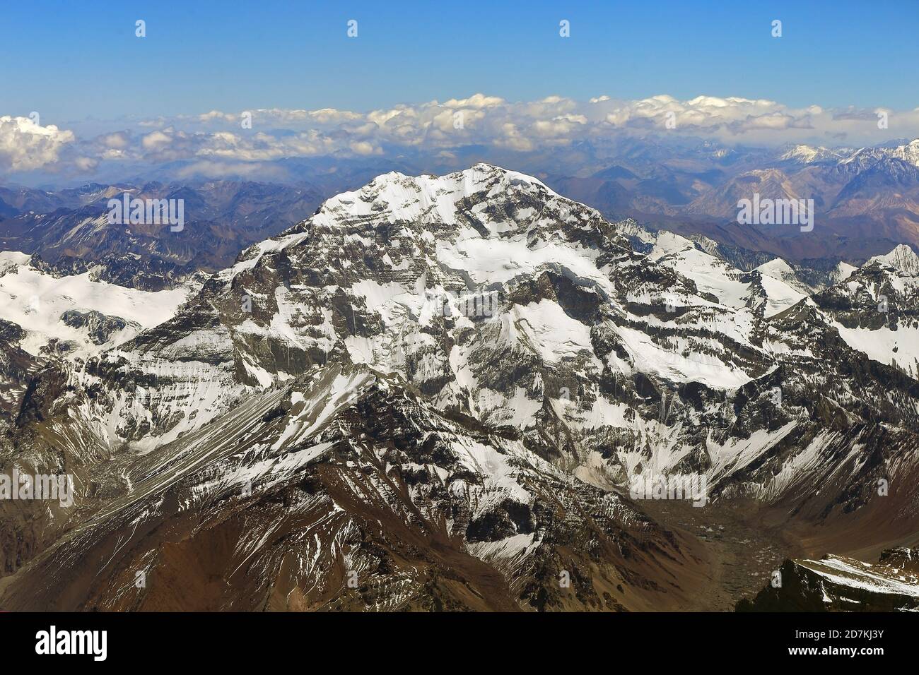 Mount Aconcagua in summer. Aerial view. Andes mountains in Argentina. The highest point of all the americas. January 2019. Stock Photo