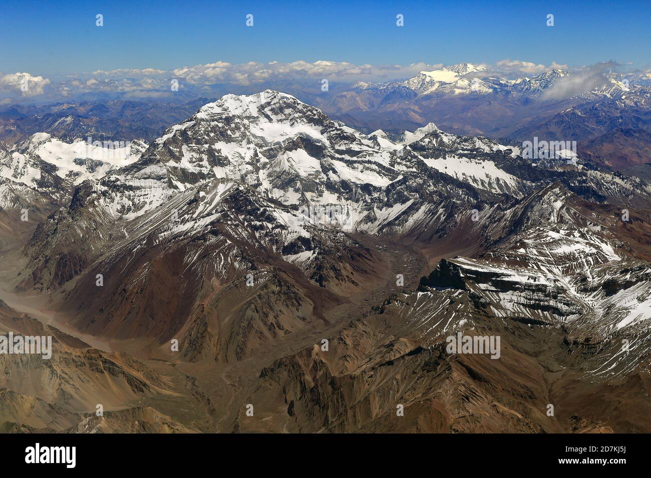 Mount Aconcagua in summer. Aerial view. Andes mountains in Argentina. The highest point of all the americas. January 2019. Stock Photo