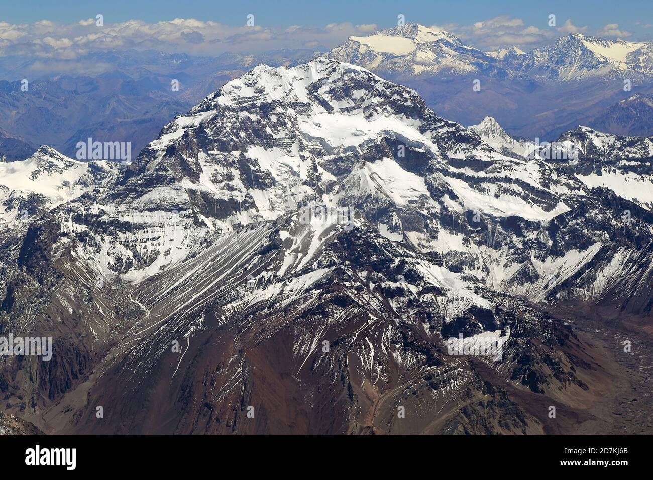 Mount Aconcagua in summer. Aerial view. Andes mountains in Argentina. The highest point of all the americas. January 2019. Stock Photo