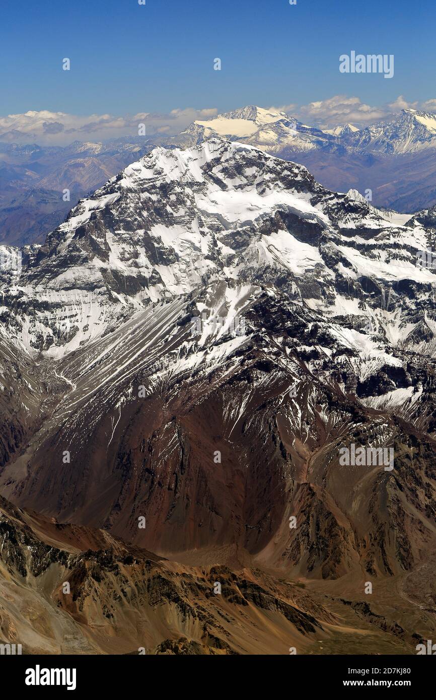 Mount Aconcagua in summer. Aerial view. Andes mountains in Argentina. The highest point of all the americas. January 2019. Stock Photo