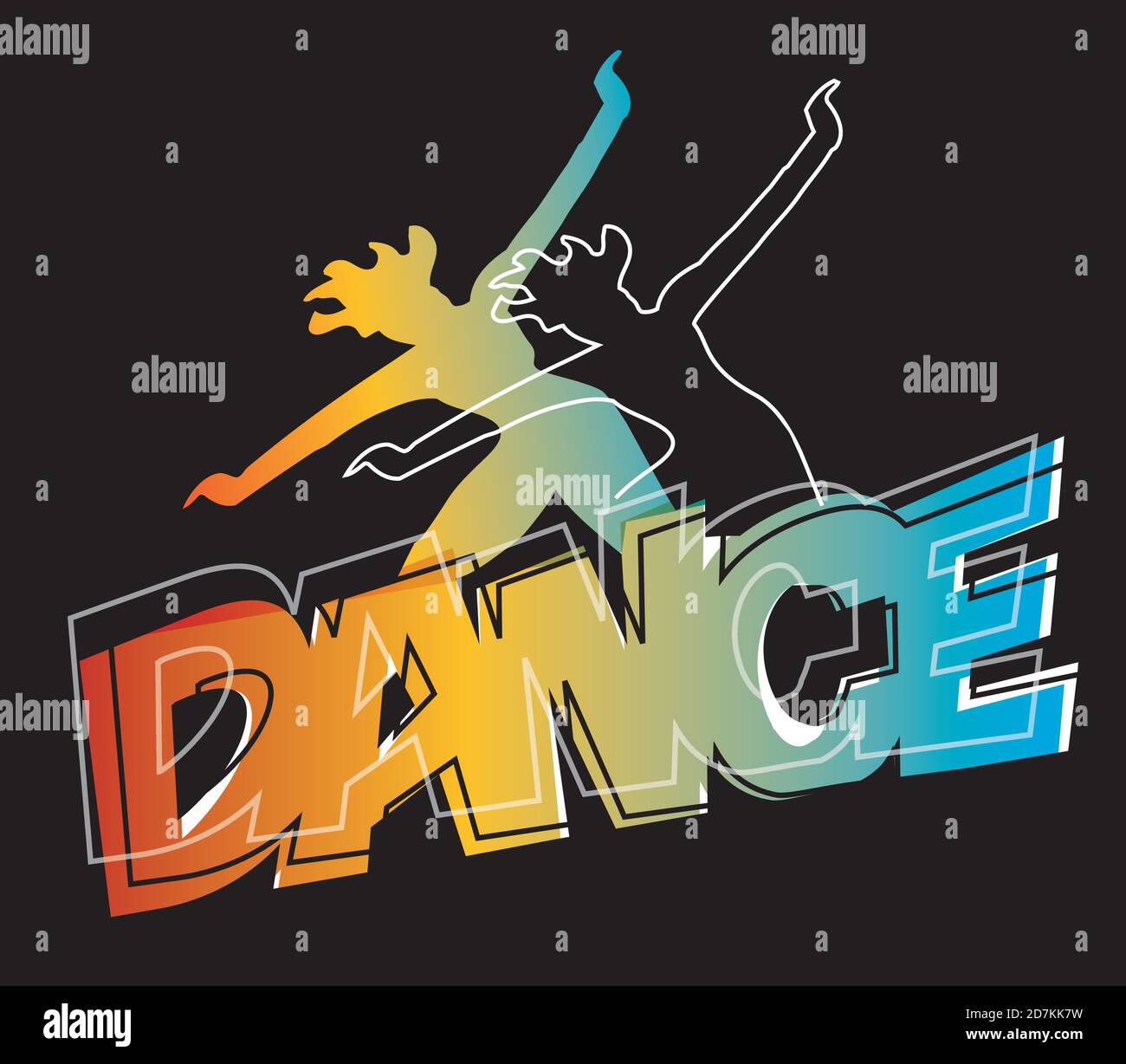 Disco, aerobics dance. Stylized expressive illustration of dancing girl silhouettes with inscription DANCE. Vector available. Stock Vector