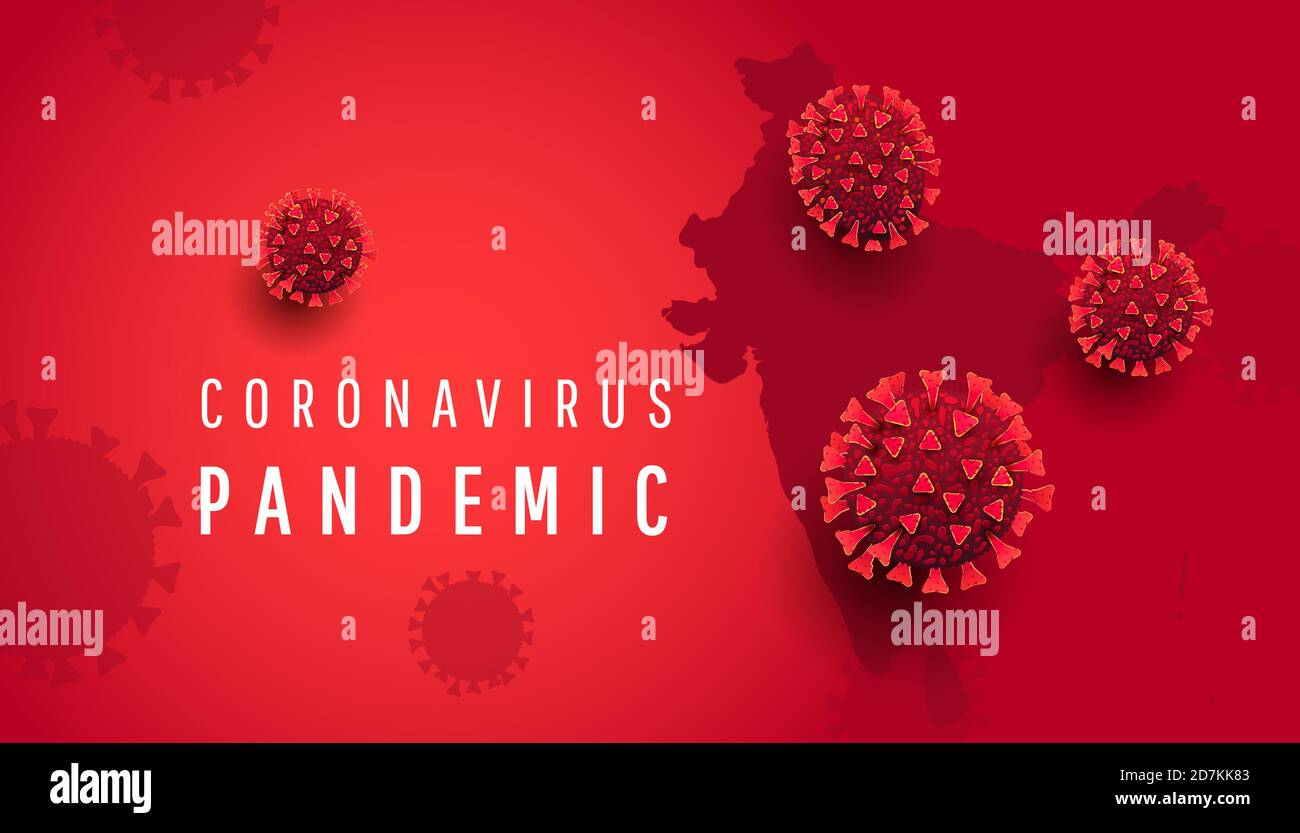 Coronavirus Covid-19 India map show where the coronavirus has spread. Coronavirus dangerous molecule on red background. Vector illustration. Stock Vector
