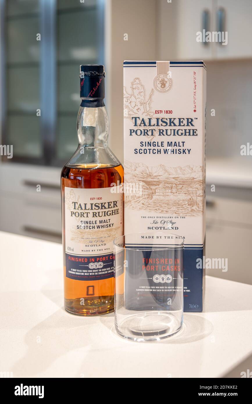 Bottle of Talisker single malt whisky in a modern kitchen. Stock Photo