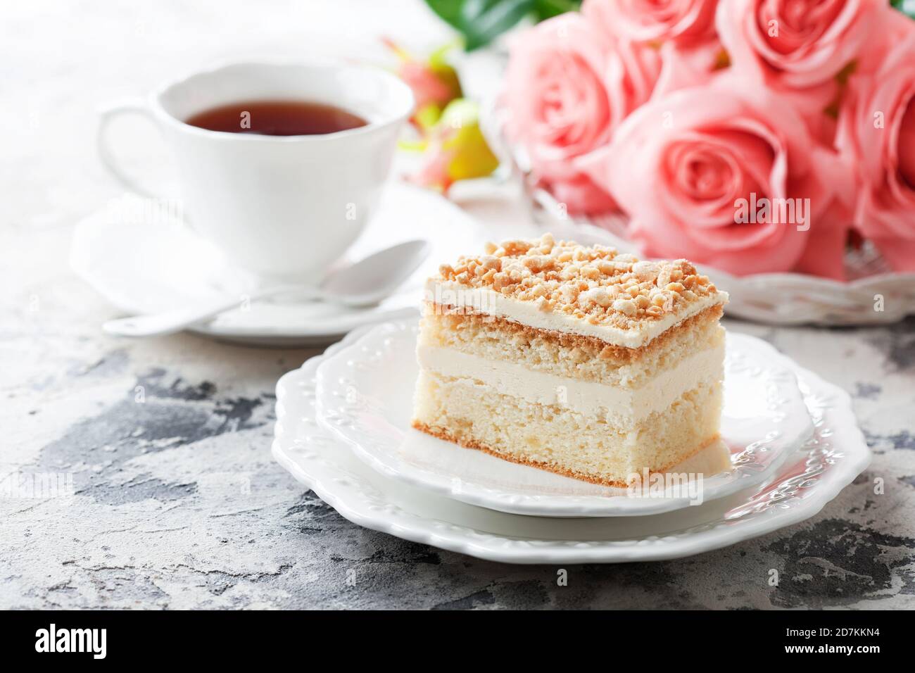 Gluten free almond and buttercream cake, selective focus Stock Photo