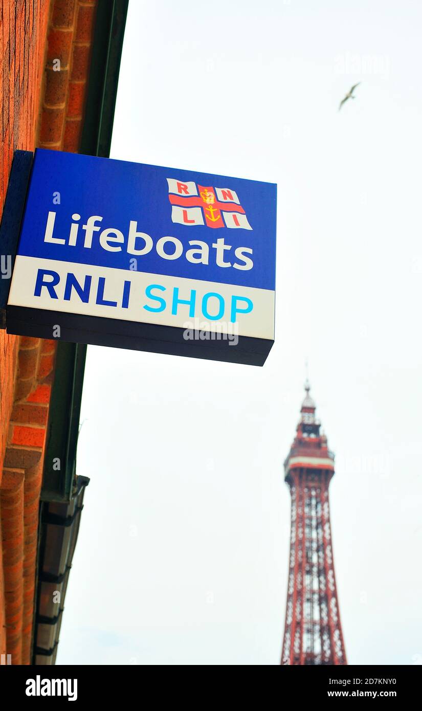 Blackpool Tower and the RNLI shop sign Stock Photo Alamy