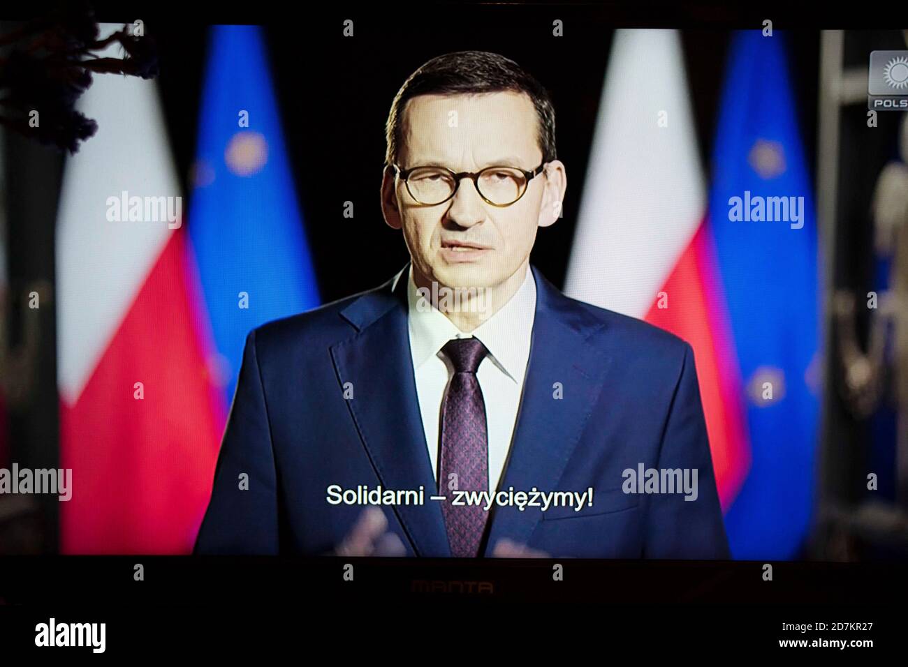 Poznan, Wielkopolska, Poland. 23rd Oct, 2020. From tomorrow, more restrictions will be introduced to fight against COVID-19 in Poland. In the picture: the Prime Minister of Poland, Mateusz Morawiecki, during the evening speech on Polsat television related to the new restrictions. Credit: Dawid Tatarkiewicz/ZUMA Wire/Alamy Live News Stock Photo