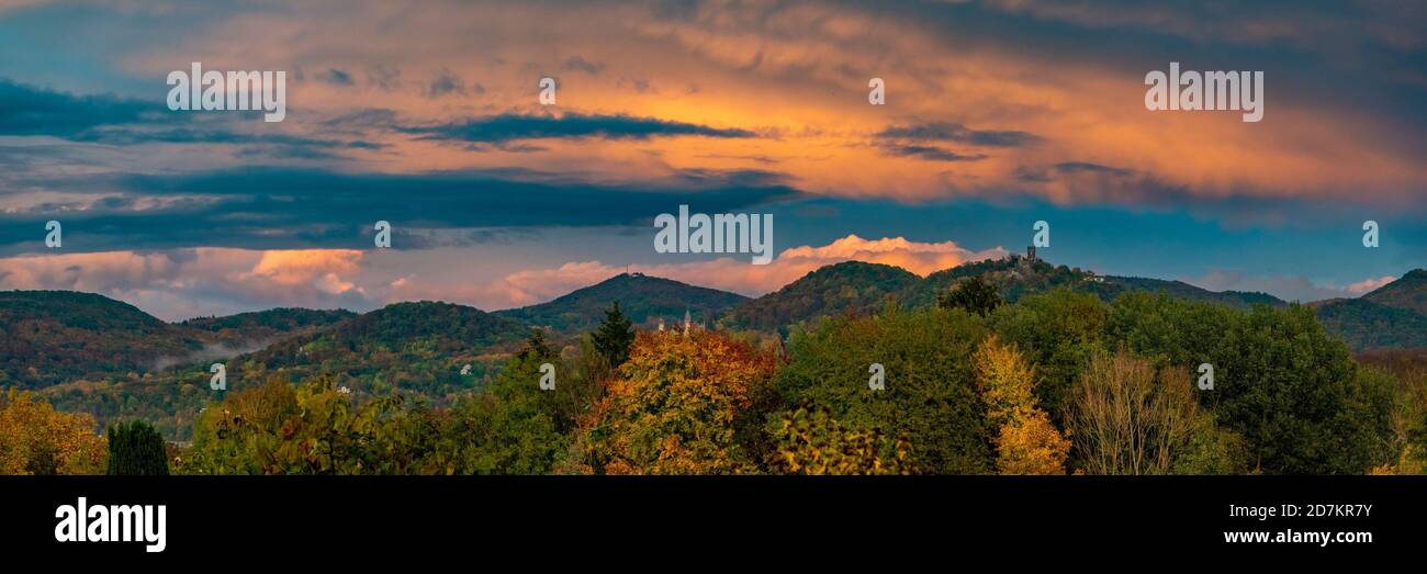 GERMANY View of Seven Mountains with Petersberg, Ölberg and Drachenfels in golden evening light, Stock Photo