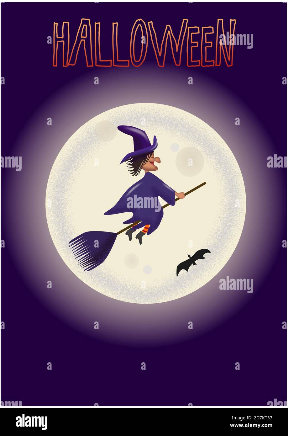 Halloween - Witch flying on a broom in front of the moon Stock Photo ...