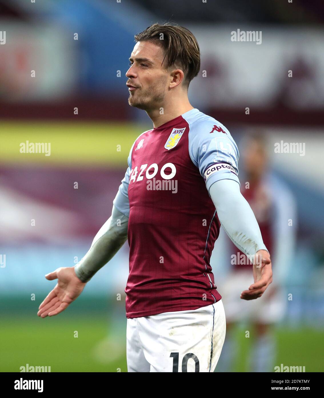 Aston Villa S Jack Grealish Gestures Towards Referee Paul Tierney Not Pictured Before Being Shown A Yellow Card For Dissent During The Premier League Match At Villa Park Birmingham Stock Photo Alamy