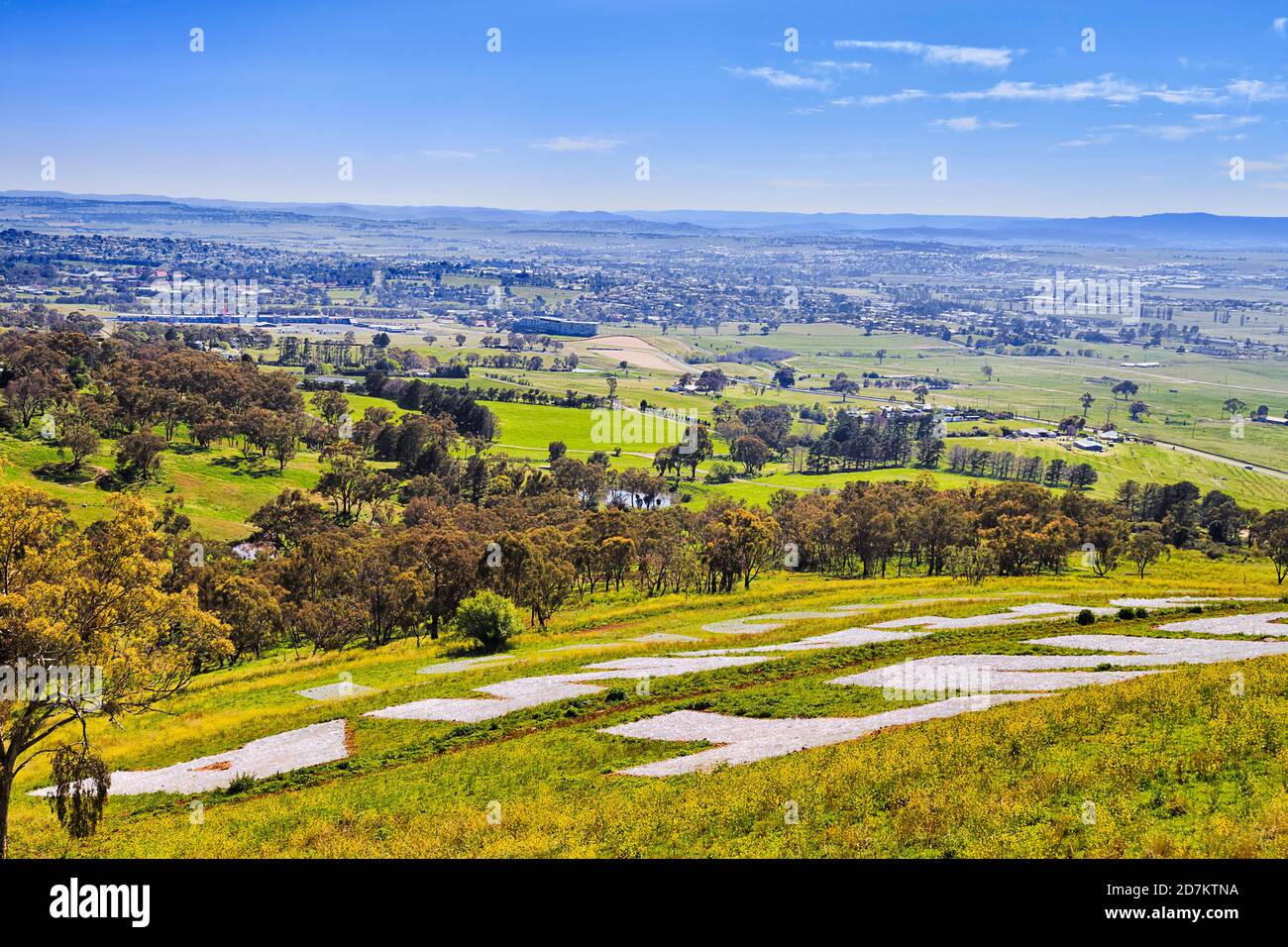 Mt Panorama motorsport racing circle above Bathurst city in a scenic valley between hill ranges on a sunny day. Stock Photo
