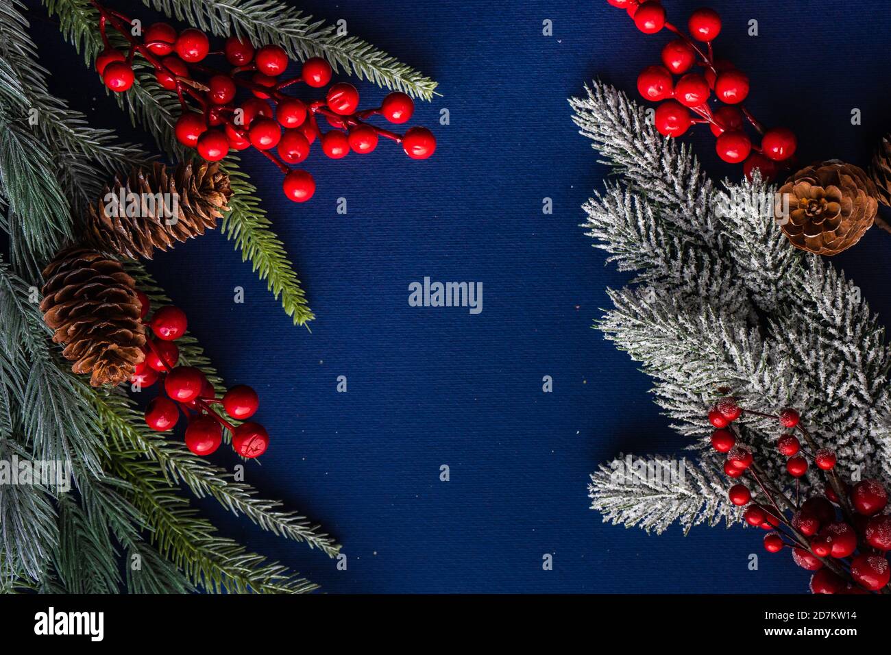 Christmas frame with tree branch and red berries on deep blue ...