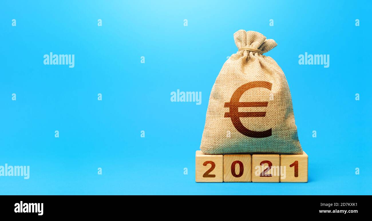 Euro money bag and blocks 2021. Budget planning for next year. Beginning of new decade. Revenues expenses, investment and financing. Business plans an Stock Photo