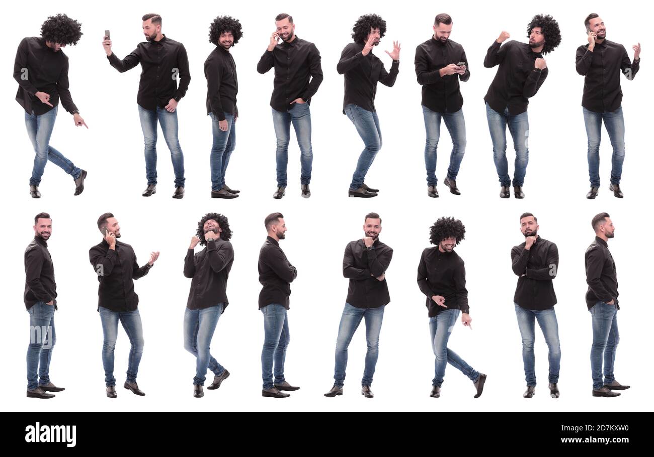collage of photos of a cheerful young man in jeans Stock Photo - Alamy