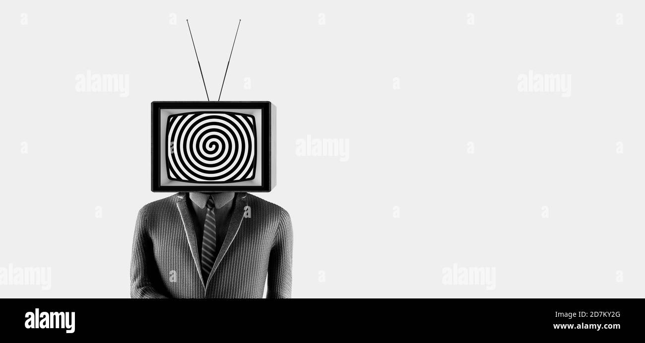 Business man with an old tv instead of head. Mass media addiction. Television manipulation and crowd control. 3d render 3d illustration Stock Photo