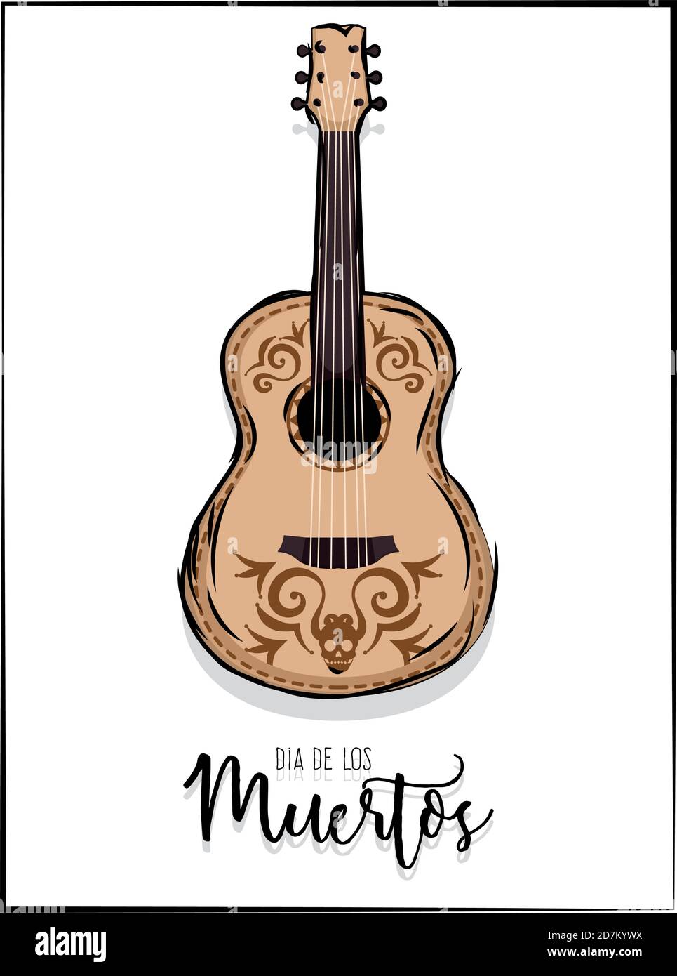 Dia de los muertos sketch poster with a guitar - Vector Stock Vector