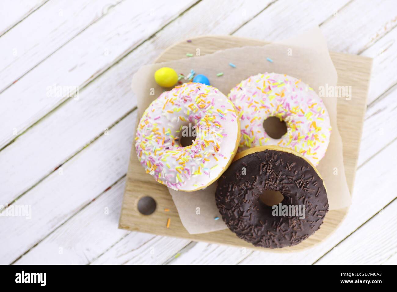 Chocolate Donut on a wooden white background Stock Photo - Alamy