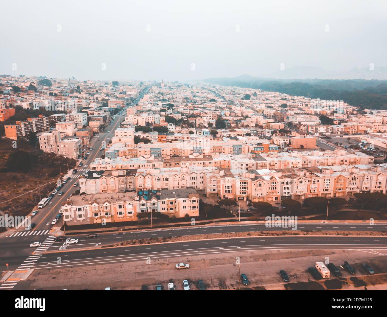 Aerial shot of a beautiful city on a foggy day Stock Photo - Alamy