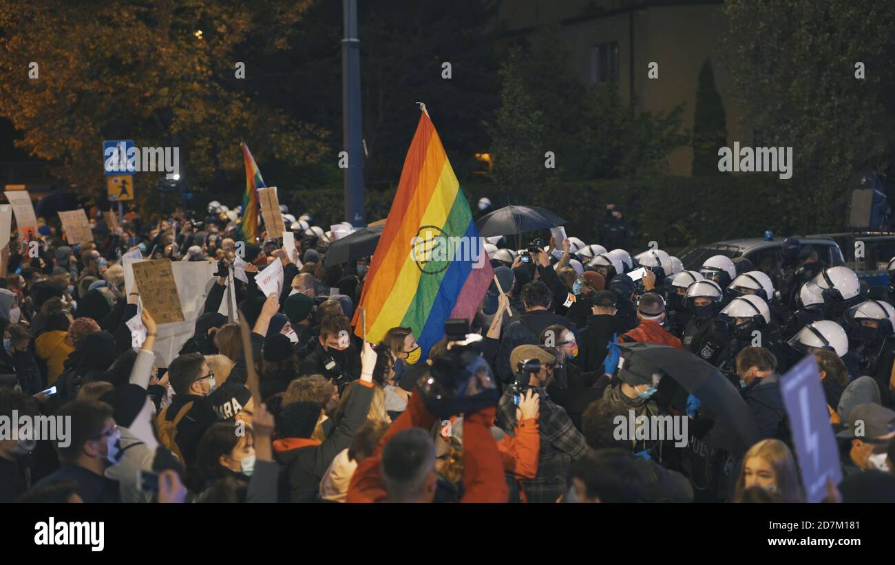 Warsaw, Poland 23.10.2020 - Protest against Poland's abortion laws. Crowd of people fighting for women's rights. High quality photo Stock Photo