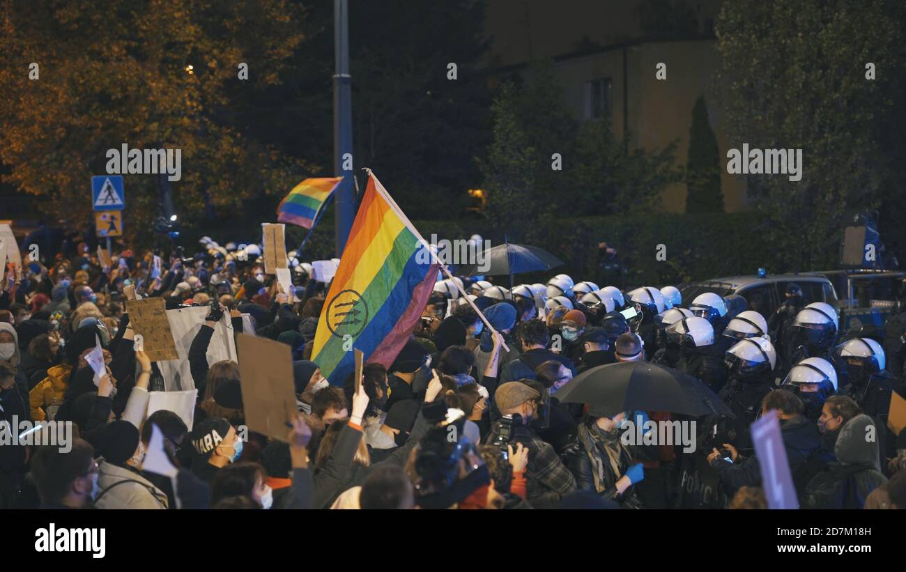 Warsaw, Poland 23.10.2020 - Protest against Poland's abortion laws. Crowd of people fighting for women's rights. High quality photo Stock Photo